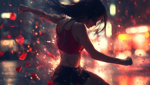 Midnight rainfighter dances through neon and rose shrapnel.