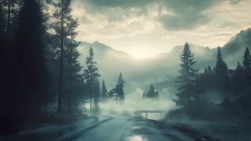 Misty forest road at dawn beside calm mountain river.