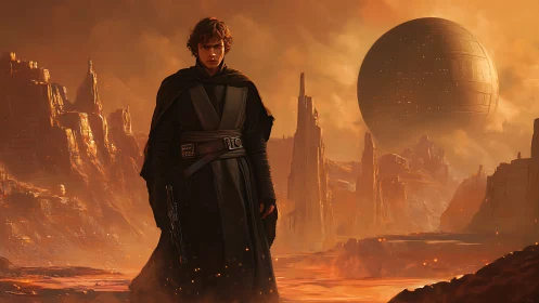 Dark robed wanderer crosses molten alien canyon at dusk.