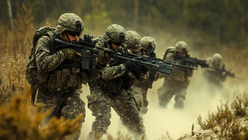 Photorealistic squad assault line in dynamic combat advance.