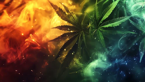 Spectral cannabis foliage suspended in tri-chromatic vapor field.