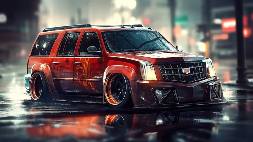 Widebody Cadillac SUV on wet neon street, ultra-low static slam