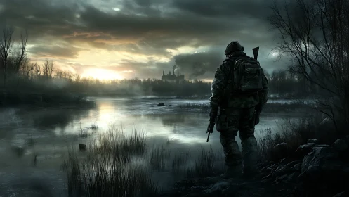Solitary soldier observing flooded landscape at dusk.