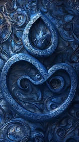 Ornate blue droplet and spiral form layered over swirling relief