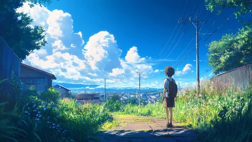 Summer hillside view with schoolchild under towering clouds.