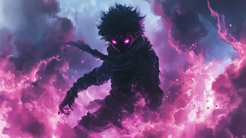 Shadowy anime figure strides through violet neon flames.