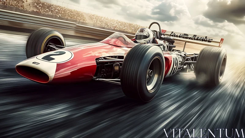 Vintage red formula race car speeds down wet track.