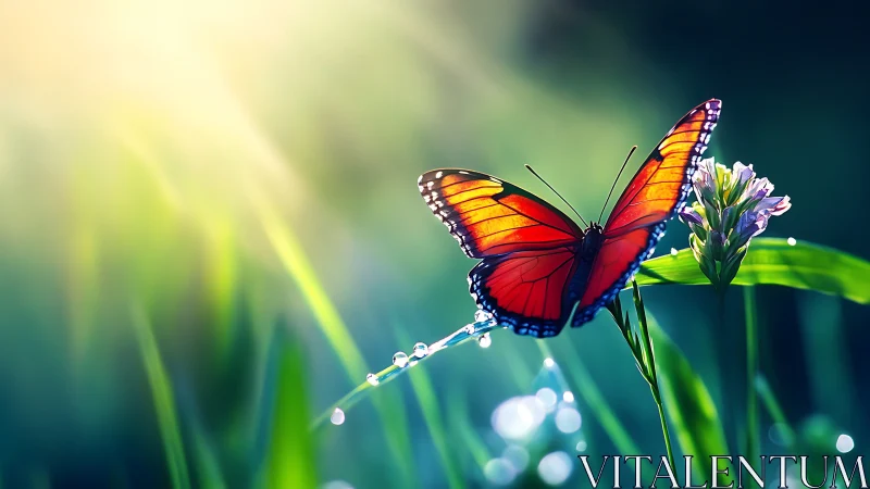 Sunlit butterfly resting softly in a dewy green meadow.