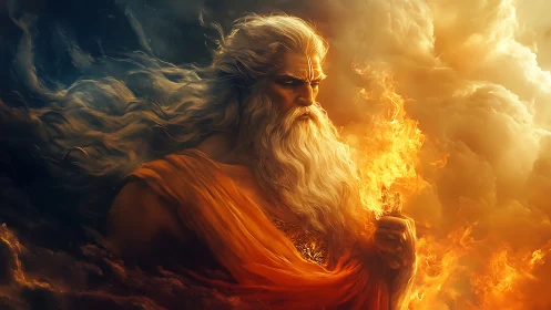 Storm-kissed fire god gazes into glowing golden clouds