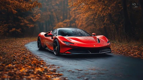 Scarlet supercar curves through cinematic autumn forest road.