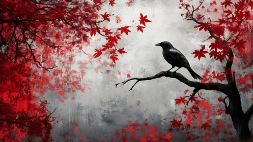 Raven on twisted branch amid crimson maple leaves at dusk.