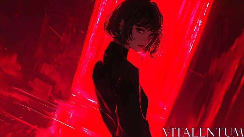 Mysterious girl in neon red corridor of swirling light.