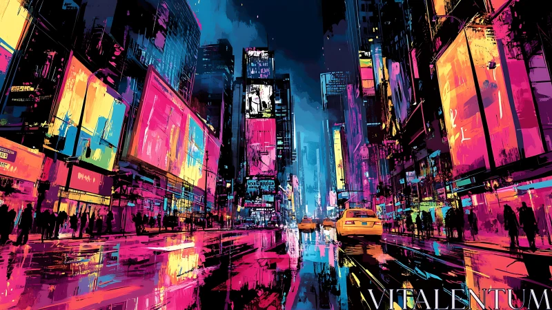 Neon city street glows under rainy night sky with taxis
