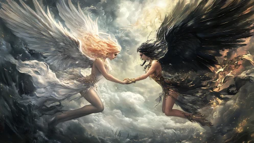 Luminous white and obsidian-winged angels in aerial standoff.