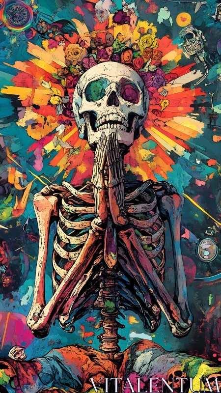 Praying skeletal figure framed by explosive chromatic halo and flora