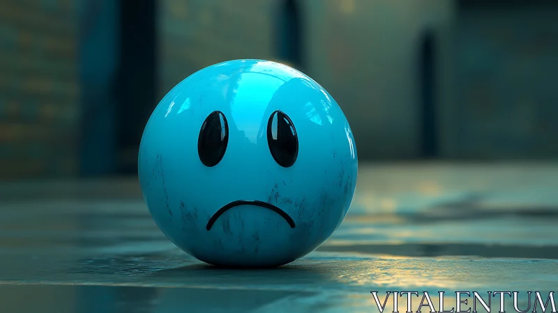 Blue spherical face with downturned mouth on wet pavement.