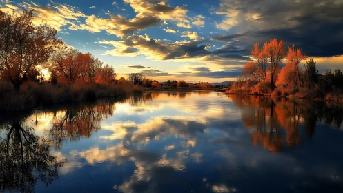 Autumn river sunset reflects blazing trees and painted sky.