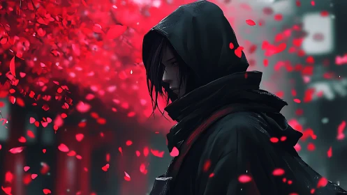 Hooded figure in black coat amid red drifting petals outdoors.