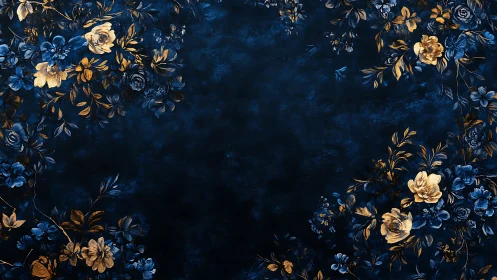 Gold and Blue Floral Border Design on Dark Background.