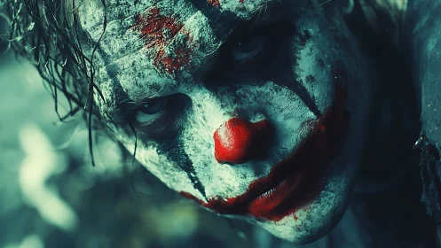 Close-up portrait shows smeared clown makeup on human face