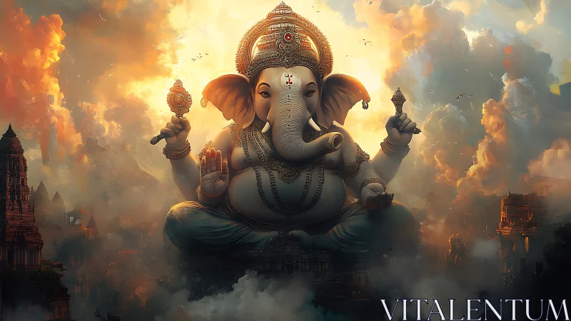 Celestial elephantiform deity in volumetric atmospheric bloom.