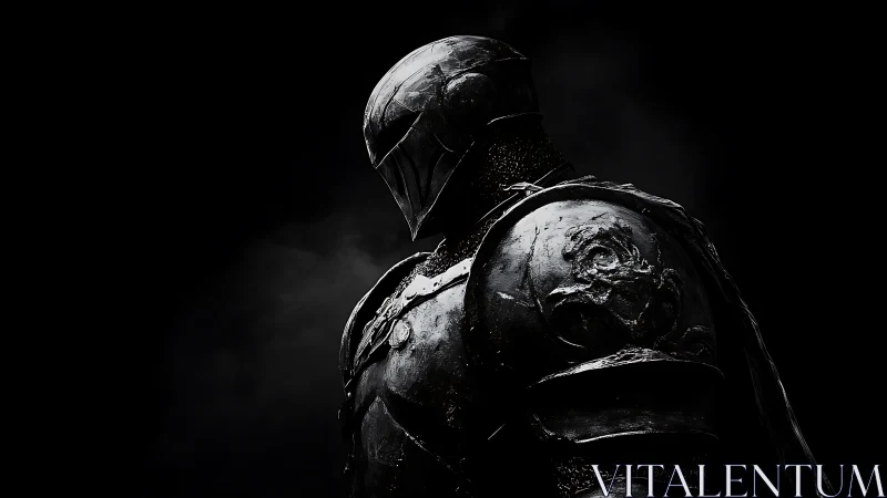 Shadowed knight stands calm in worn, battle-scarred armor