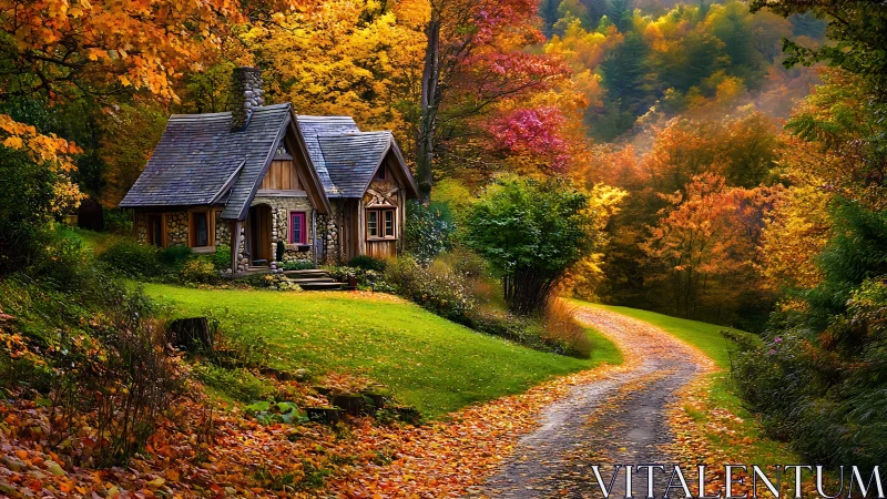 Storybook woodland cottage beside winding autumn lane.
