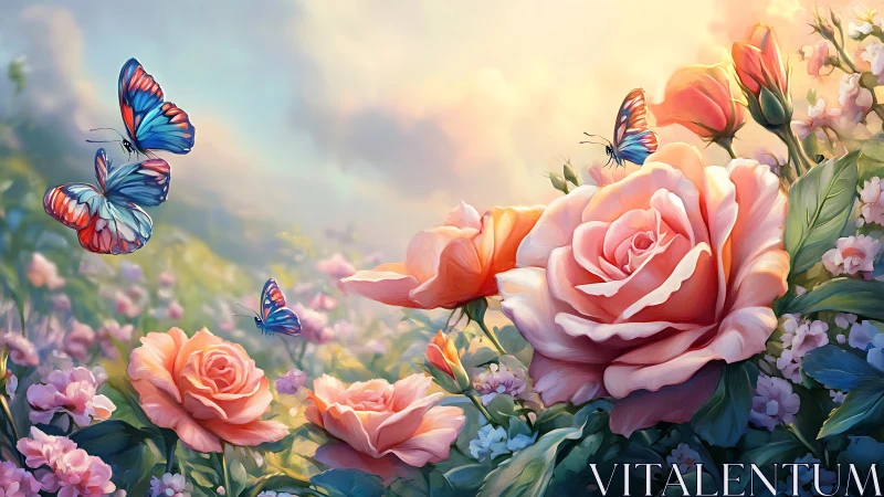 Digital painting displaying rose compositions with blue-red striped butterflies in atmospheric persp