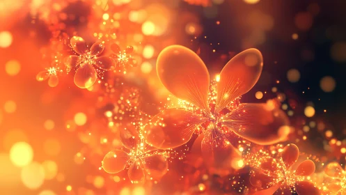 Orange fractal floral forms with glowing particle clusters.