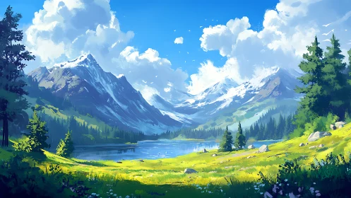 Sunlit alpine valley opens onto tranquil mountain lake panorama.