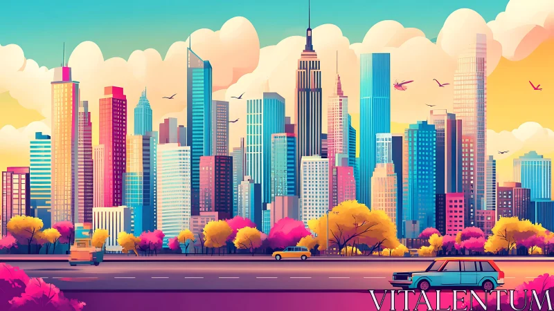 Neon morning drapes the city skyline in candy-bright calm