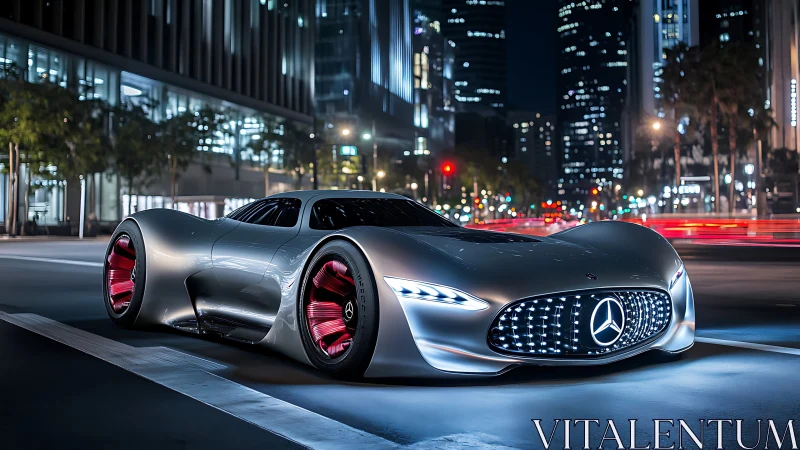 Midnight silver hypercar prowling through neon-lined avenues.