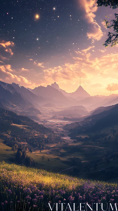 Starlit valley unfolds beneath glowing sunset sky.
