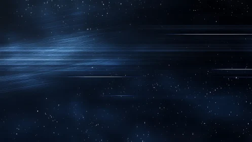 Blue linear light trails across dark starry space field.