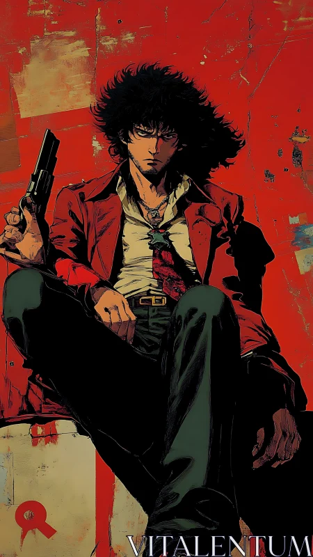 Rogue gunslinger broods against a storm of scarlet paint.