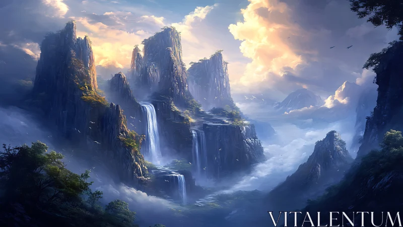 Misty mountain waterfalls welcoming you into quiet wonder.