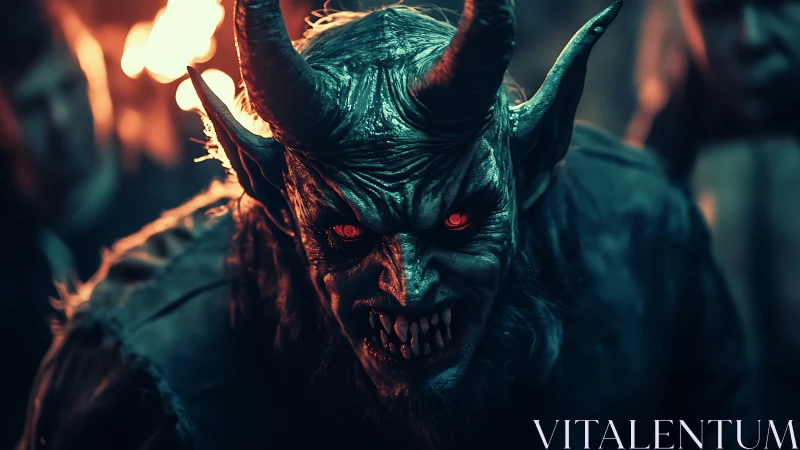 Demonic horned creature snarls under torchlit night glow