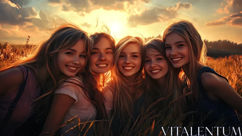 Five smiling young women in golden field at sunset, warm tones.