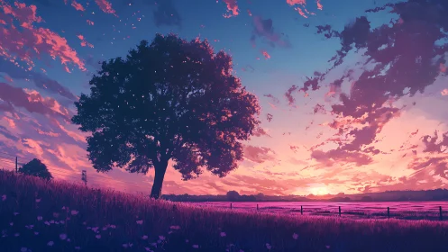 Solitary tree outlined against expansive sunset sky.