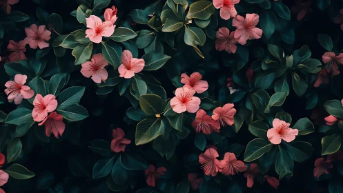 Pink Flowers Blooming Among Dark Green Foliage.
