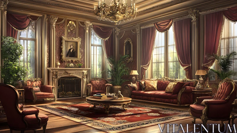 Opulent classical living room with red velvet decor.