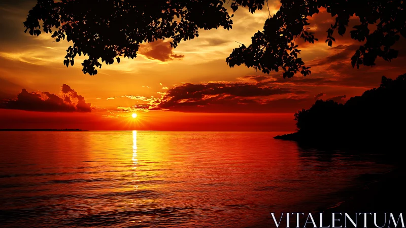 Radiometrically rich coastal sunset with silhouetted foliage.