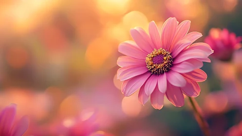 Pink Gerbera Daisy with Blurred Warm Background