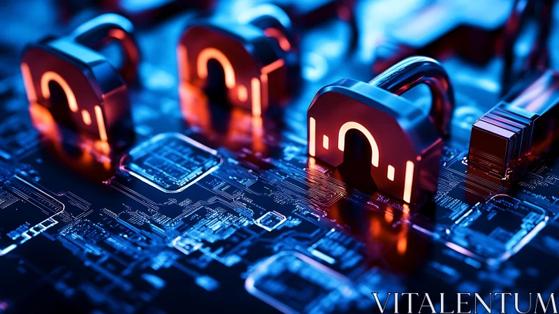 Cyberpunk security locks on illuminated digital circuitboard surface.