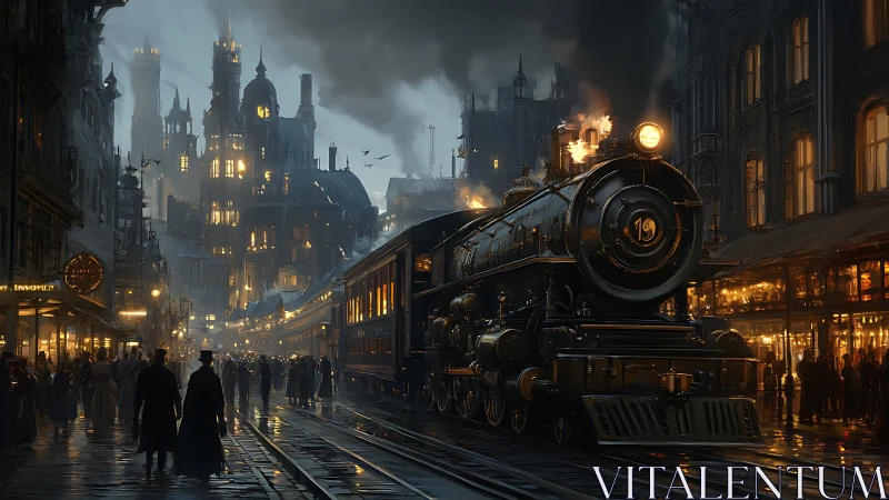 Steam engine number nineteen prowls through dusk-lit city tracks