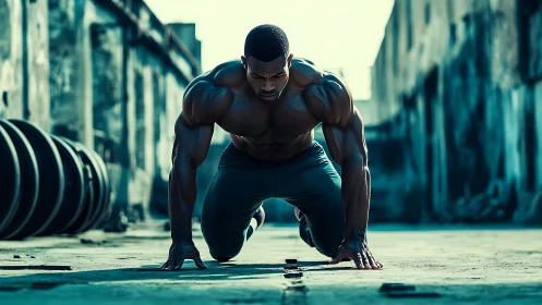 Focused urban workout warmup in a gritty alleyway setting.