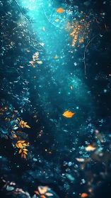 Drifting golden leaves in luminous teal forest glowscape.