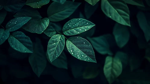 Macro analysis of rain-speckled foliage under low-key light.