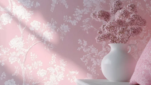 Soft pink florals and a cozy white vase in gentle sunlight.