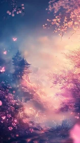 Enchanted sakura valley framing a distant celestial pagoda.